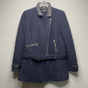 Zara Trafaluc Womens Wool-Blend Belted Coat With Zipper Detail & Leather Accents